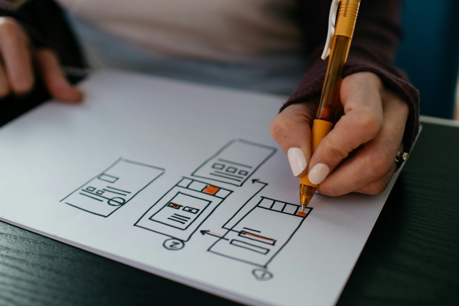 Close-up of a designer's hands sketching user experience (UX) wireframes on white paper, indicative of the UX design process.